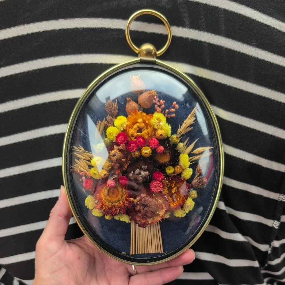 Vintage 1970s Cideart Belgium Dried Flower Oval Brass Frame Bubble Glass Cottage